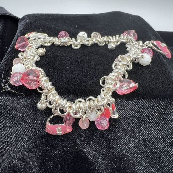 Silvertone Pink Purse, Heels, Lipstick Charm Bracelet - Picture 1 of 9